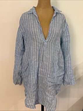 CP Shades sz XS 21”x32” Light Blue & White Striped Linen Tunic 100% linen